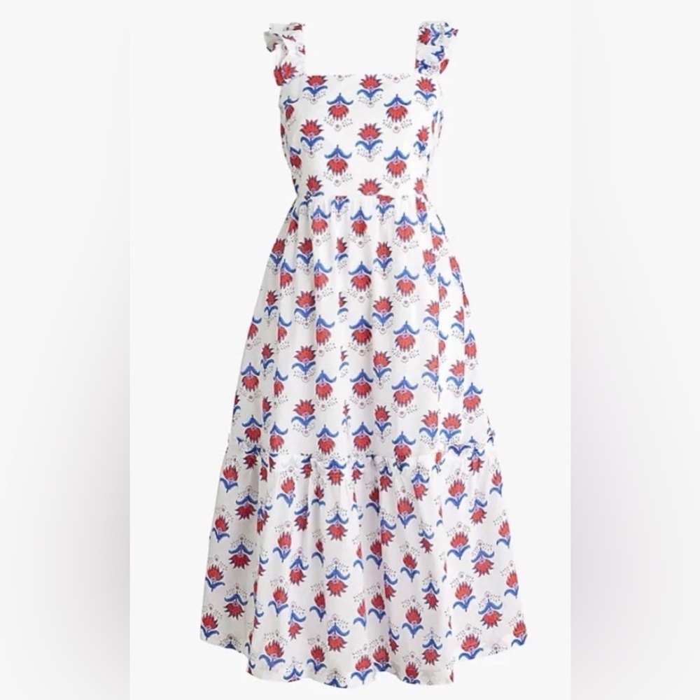 J.Crew Square Neck Midi Dress White Red Blue Floral - Picture 5 of 7